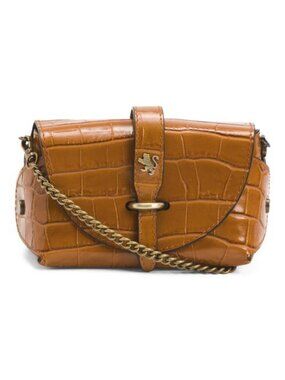 PRATESI Made In Italy Leather Cognac Printed Crocodile Tab Bag With Keeper
